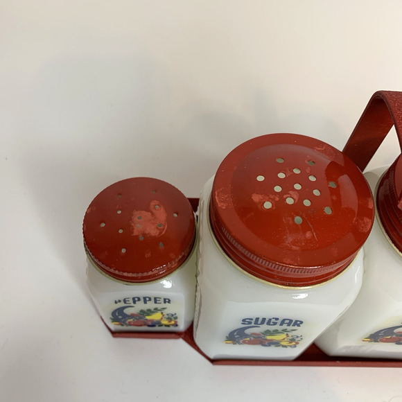McKee Tipp City Cornucopia Milk Glass Shaker Lot Salt Pepper Flour Sugar Rack - Picture 6 of 9